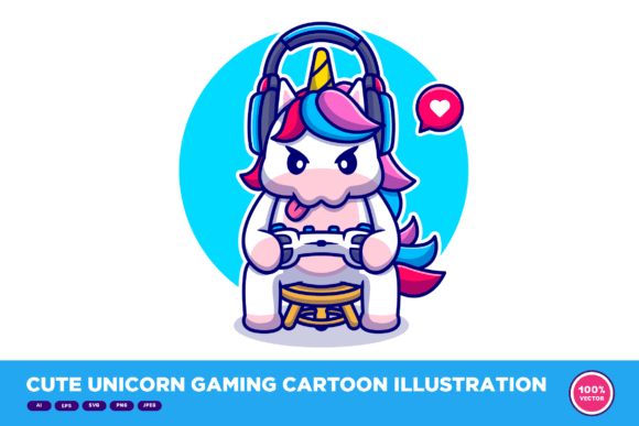 Cute Unicorn Gaming Cartoon Illustration for Your Projects
